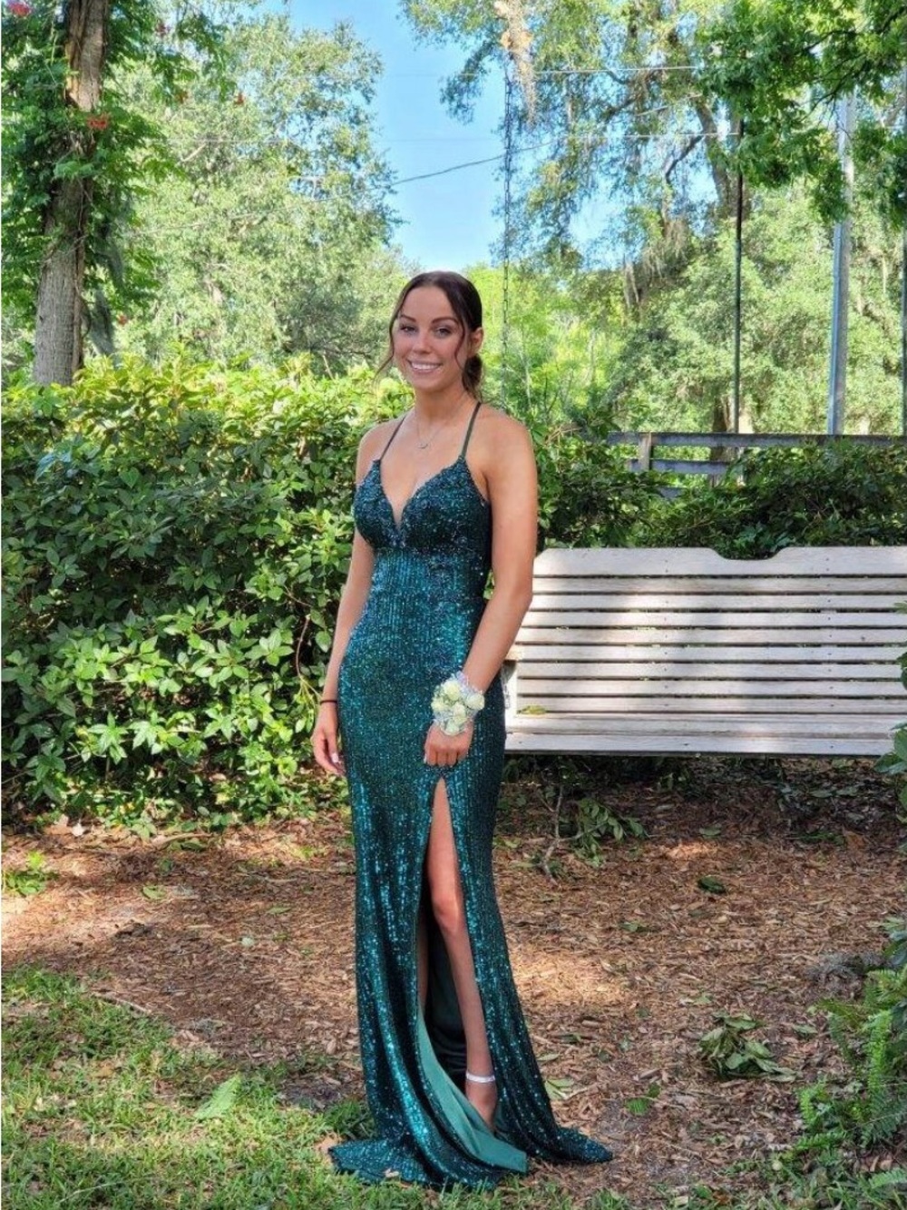 Emerald Beaded Spaghetti Strap Evening Dress